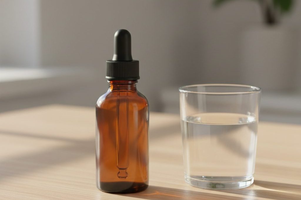 Plain amber dropper bottle and small glass of water on a wooden surface