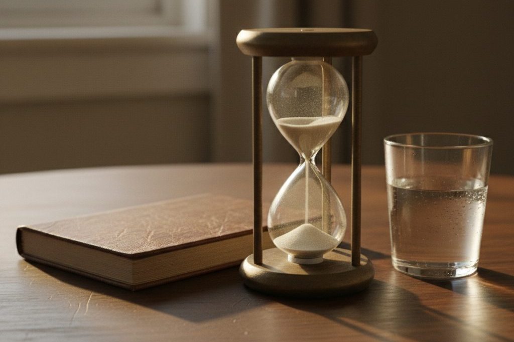 Hourglass with sand flowing on a wooden table beside a closed notebook and water glass