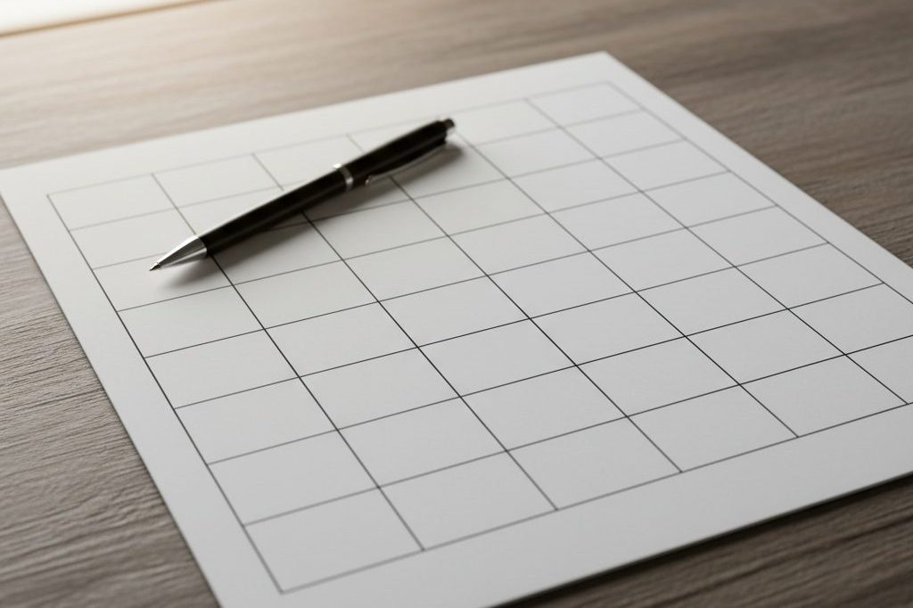 Blank monthly calendar grid on a wooden desk with a pen across it
