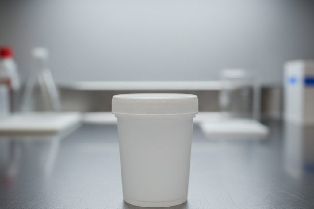 Plain white specimen collection cup on a stainless steel lab counter