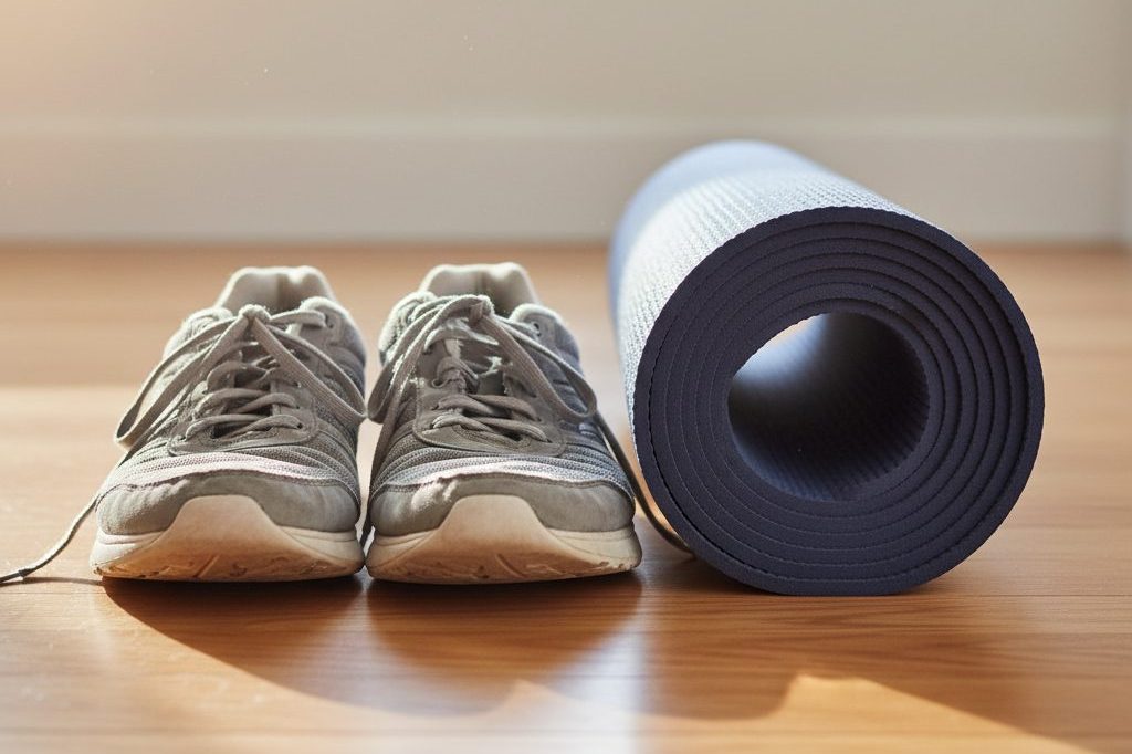Running sneakers and a rolled yoga mat on a hardwood floor in soft window light