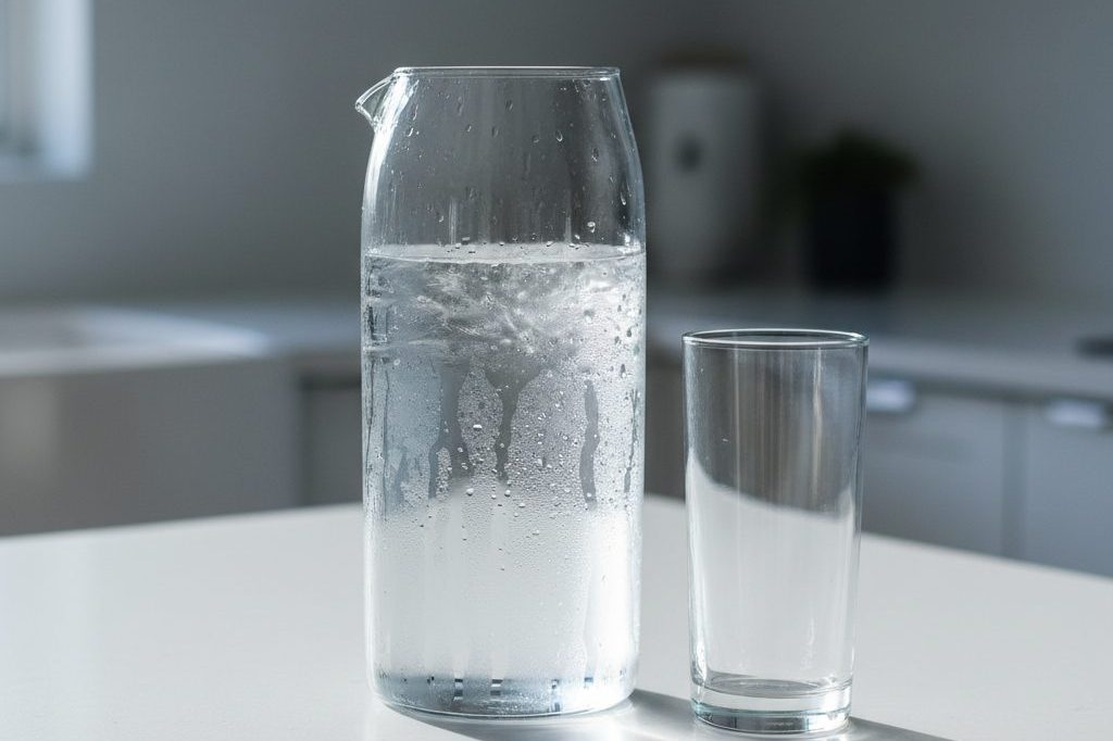 Clear water pitcher and plain drinking glass on a white kitchen counter