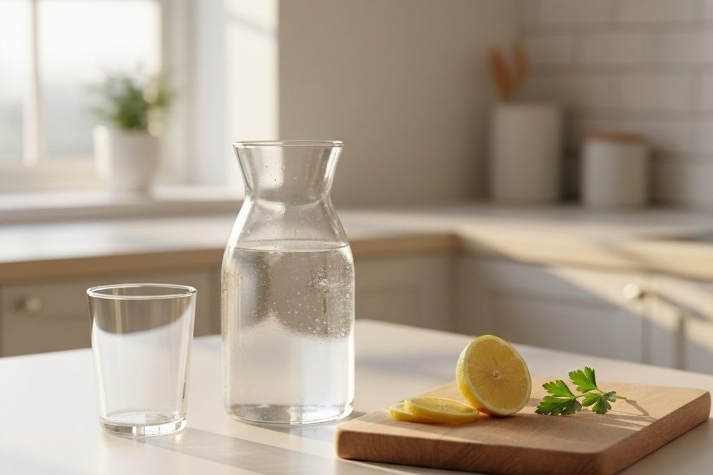 Glass water pitcher and cutting board with lemon and parsley on a kitchen counter