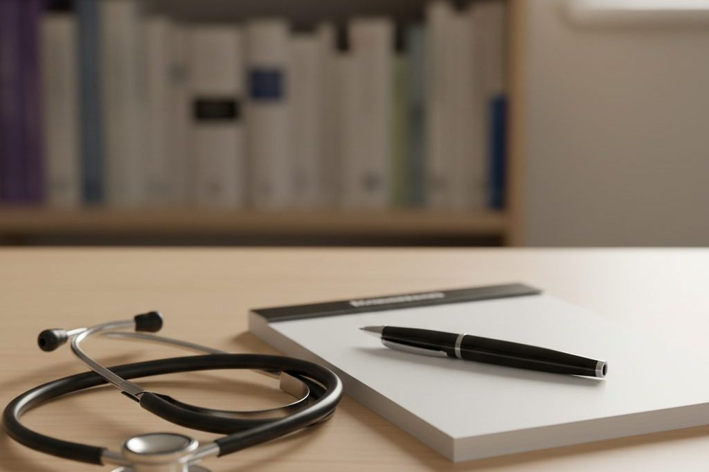 Stethoscope, closed prescription pad, and pen on a physician