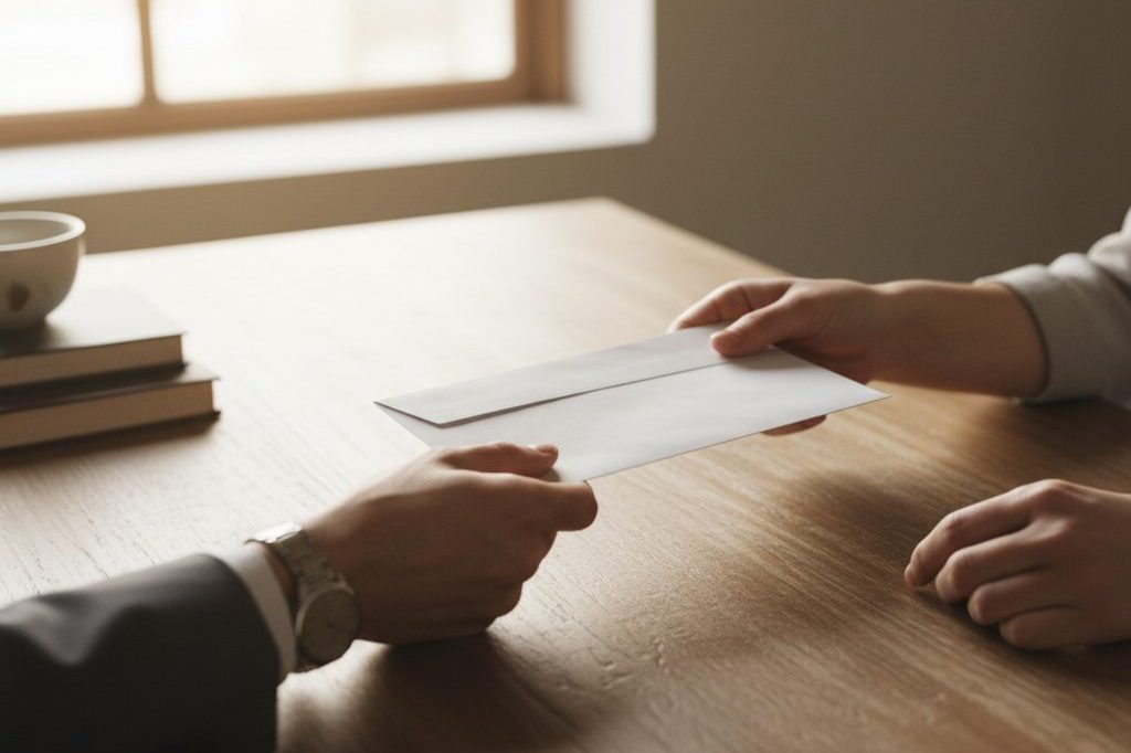 Hands receiving a plain sealed white envelope across a wooden desk