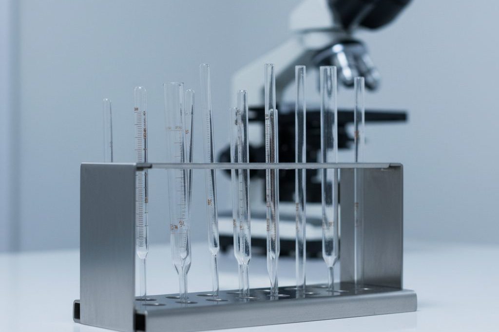 Glass pipettes in a stand on a clean laboratory bench with microscope behind