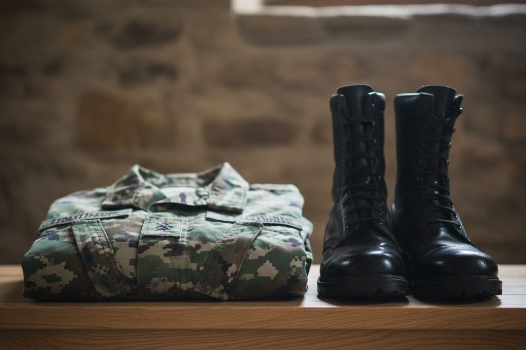 Folded camouflage uniform jacket and polished boots on a wooden bench
