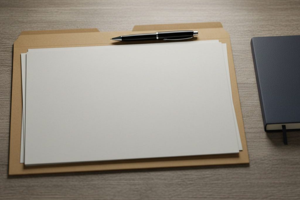 Open manila folder with blank papers and a pen on a wooden desk
