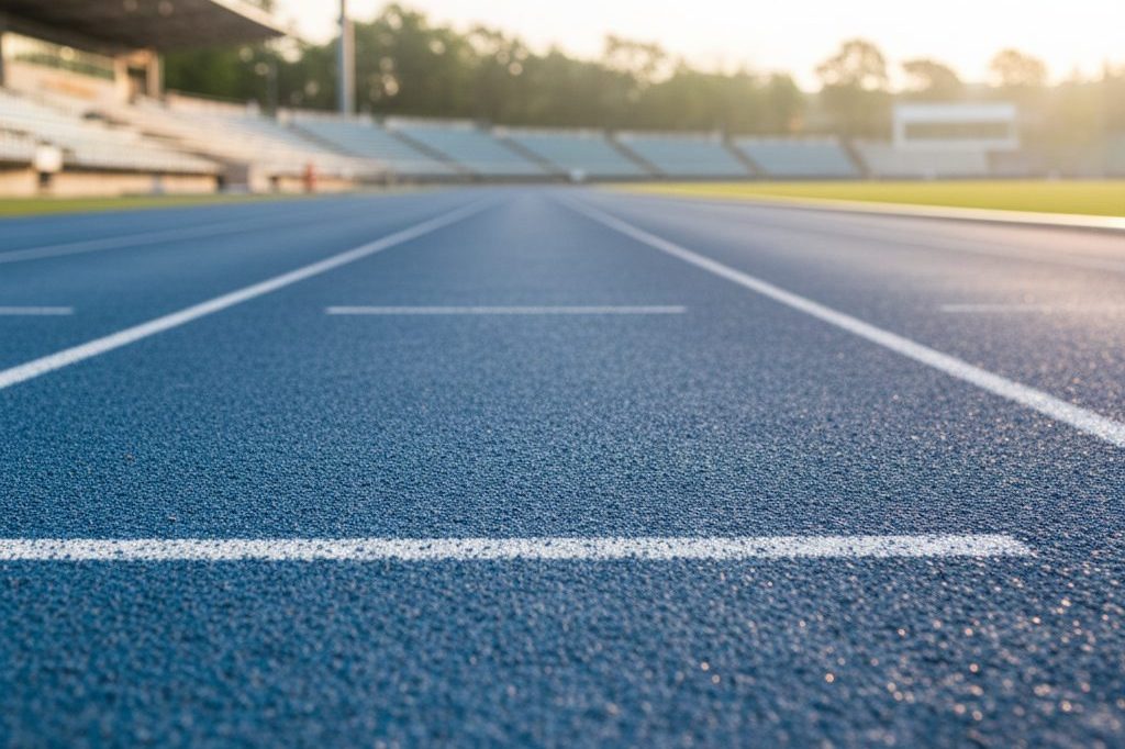 Empty blue running track curving into the distance in early morning light