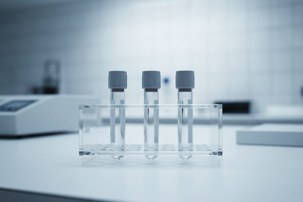 Three plain blood collection vials in a clear rack on a laboratory bench