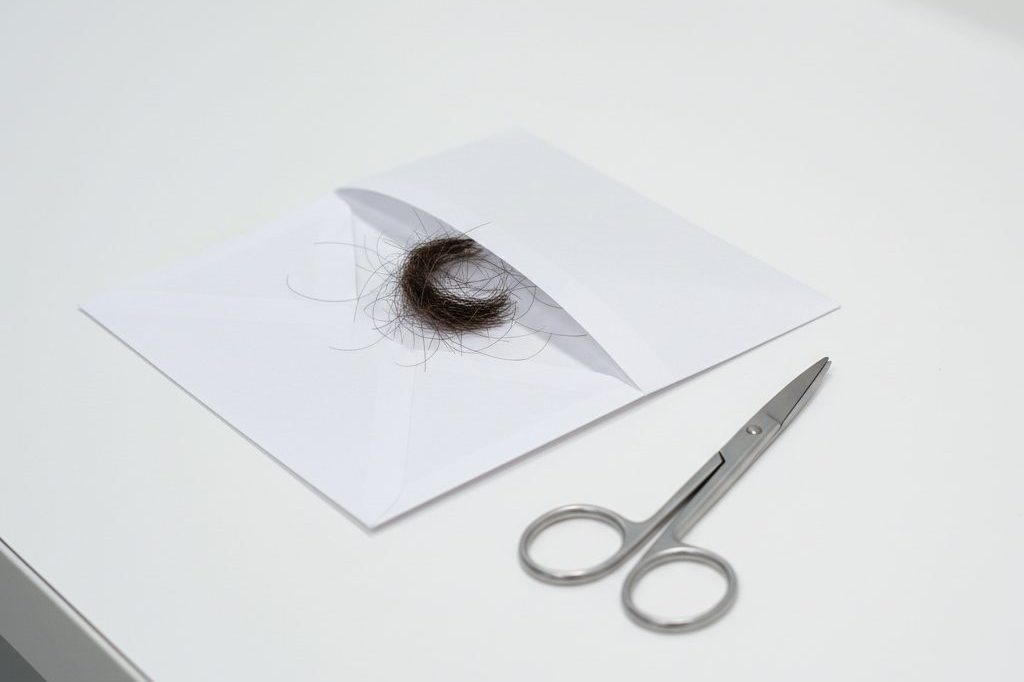 Hair clippings inside a plain paper envelope on a lab bench beside small scissors