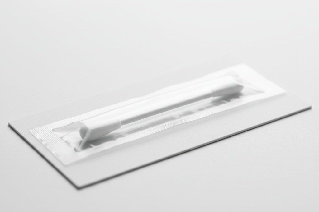 Sealed oral fluid swab pouch on a plain white test card