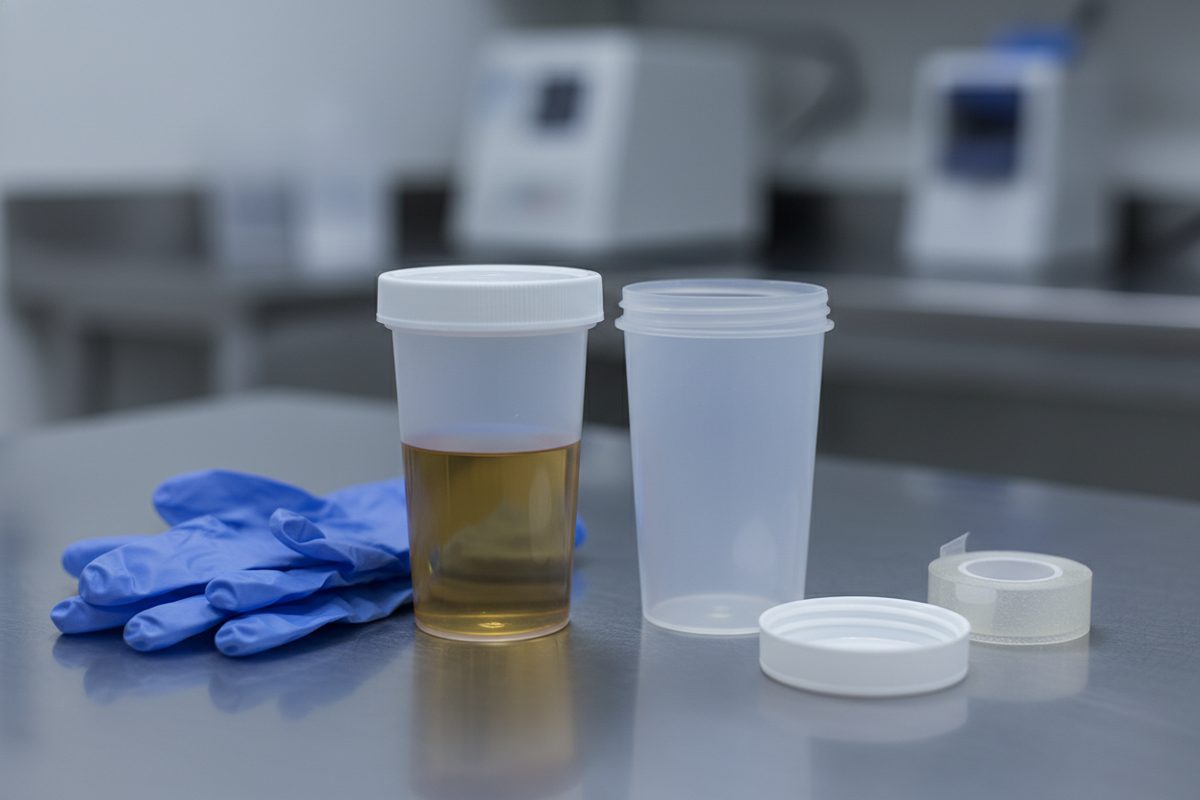 Open specimen cup and screw cap on a stainless counter in a clinical collection room