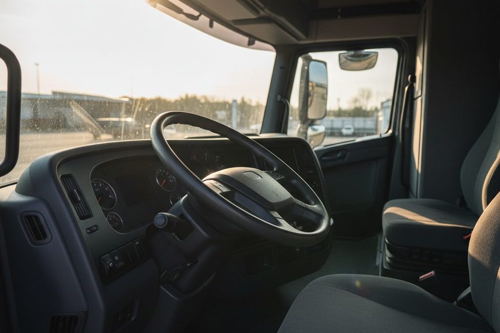 Empty commercial truck cab interior with steering wheel and dashboard in afternoon light