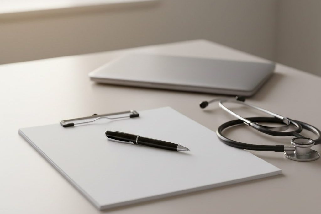 Office desk with blank paperwork, pen, and a stethoscope in soft window light